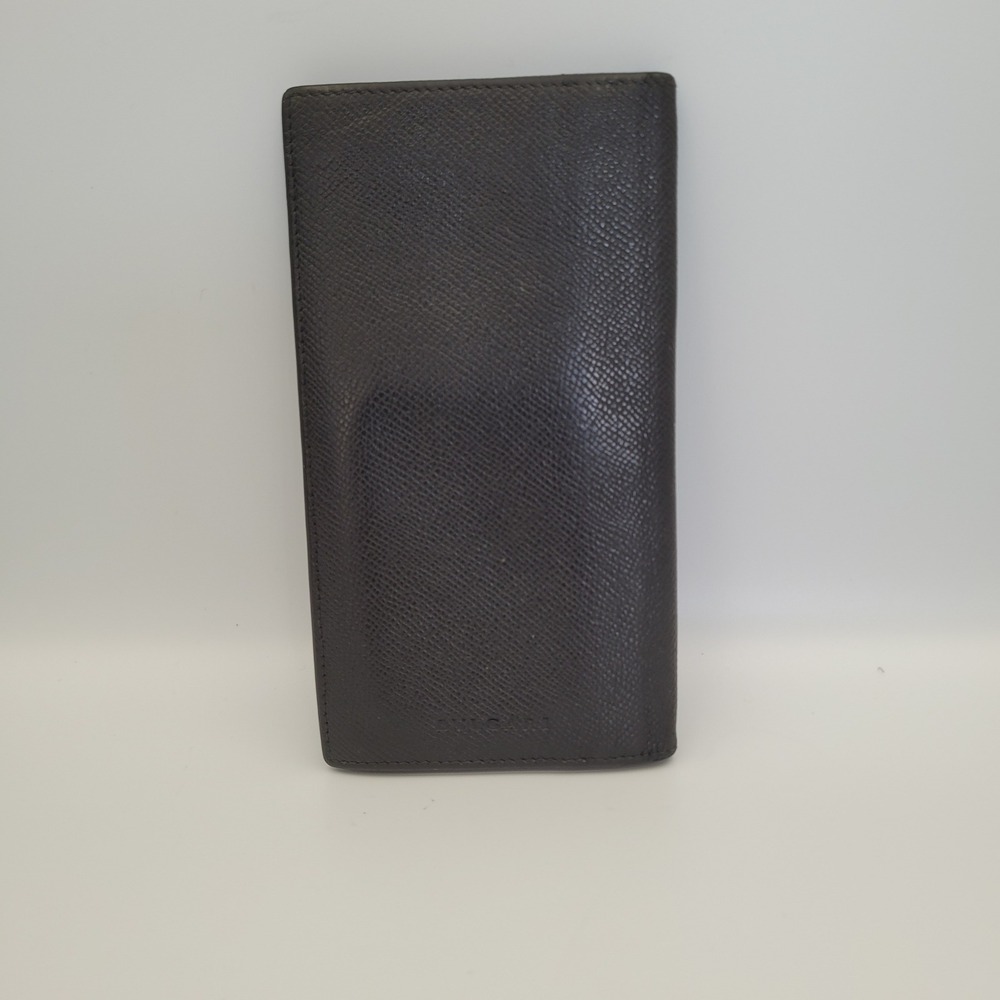 Bvlgari Mens Long Wallet Black Grain Calf Leather Bifold Made in Italy